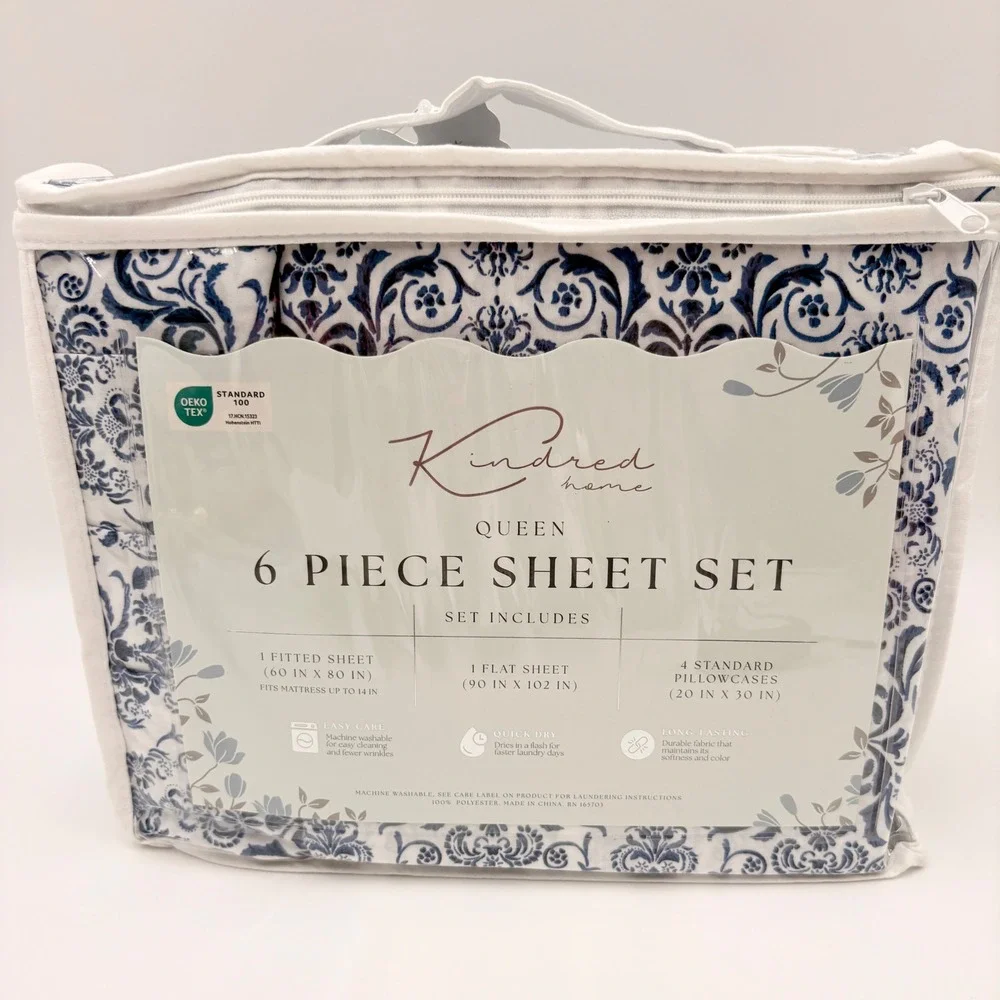 Kindred Home Queen 6 Piece Sheet Set Navy Blue White Damask Scroll 14in Pocket